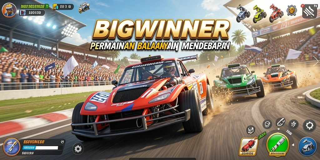 Tampilan gameplay memukau dalam <strong>BIGWINNER</strong> saat mobil balap melaju dengan kecepatan tinggi.