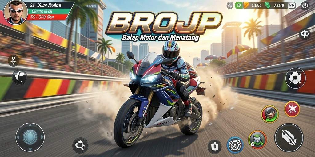 Tampilan gameplay BROJP dengan berbagai motor dan trek balap yang menantang.